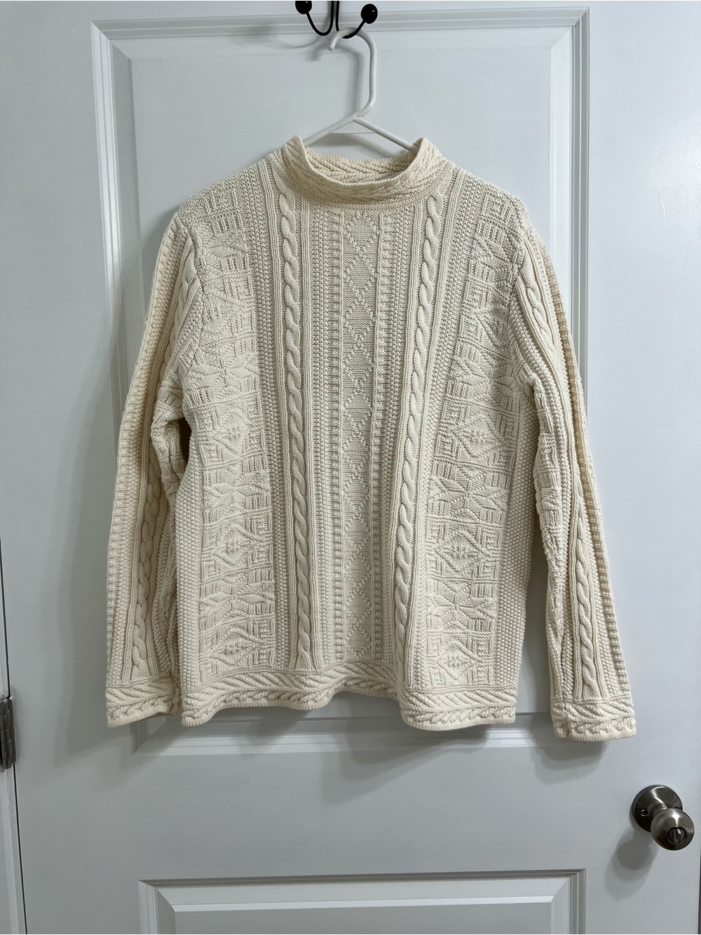 Vintage LL Bean Women’s L Fisherman Cable Knit Sweater Ivory 100% Cotton